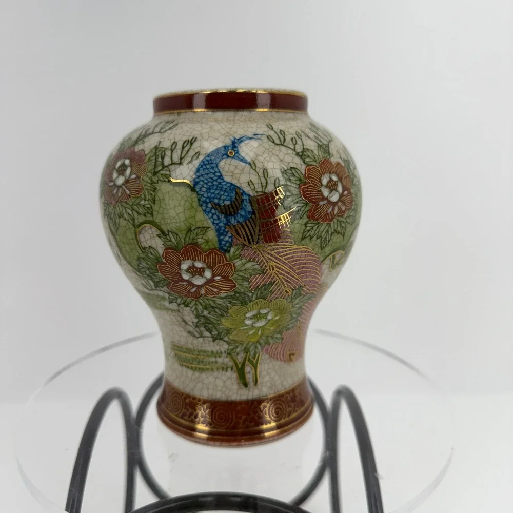 Vintage Kutani Porcelain Crackle Glaze Vase Peacock Floral Gold Trim Asian Style